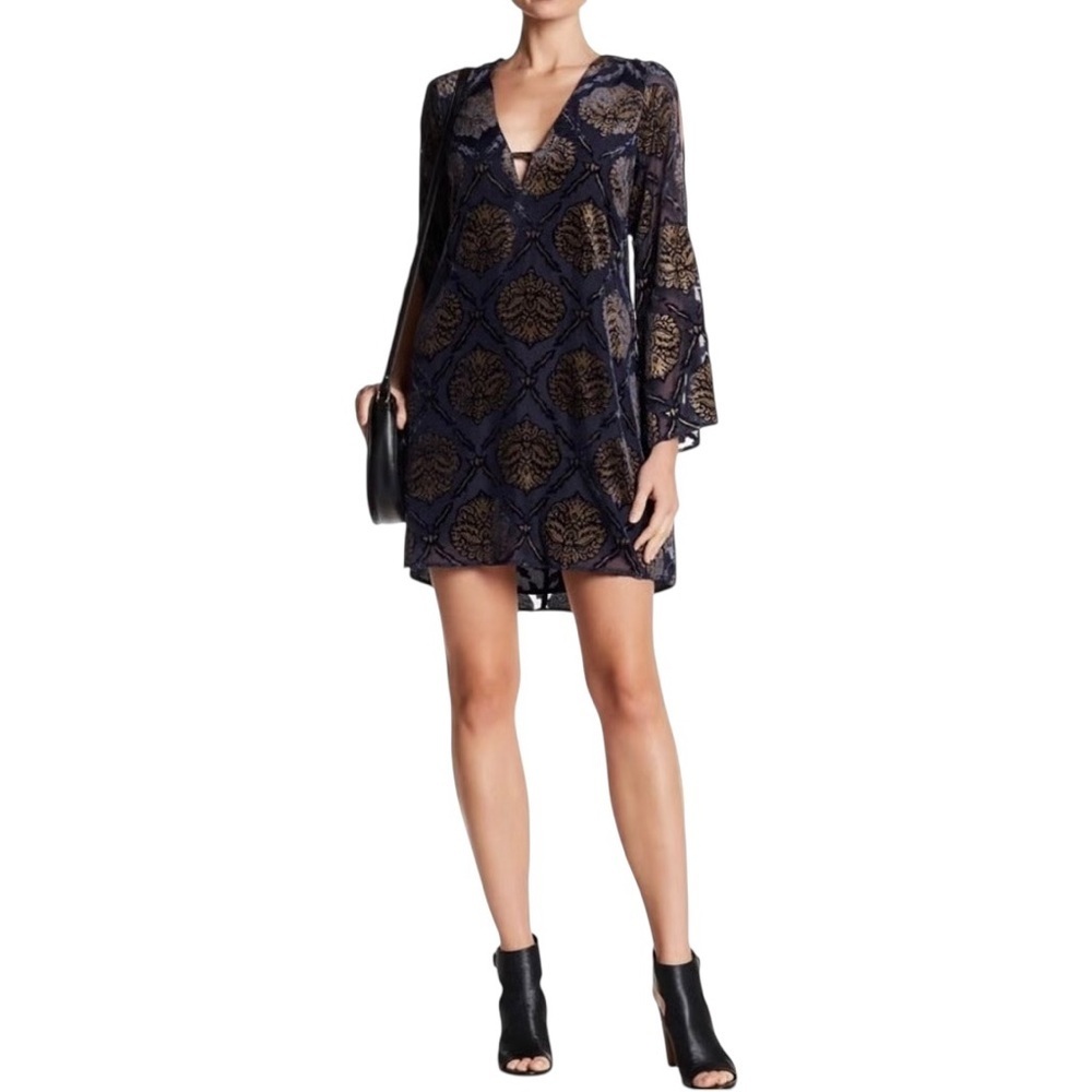 ASTR The Label Navy Blue Velvet Dress with Gold Brocade Print & Sleeve Cutouts S